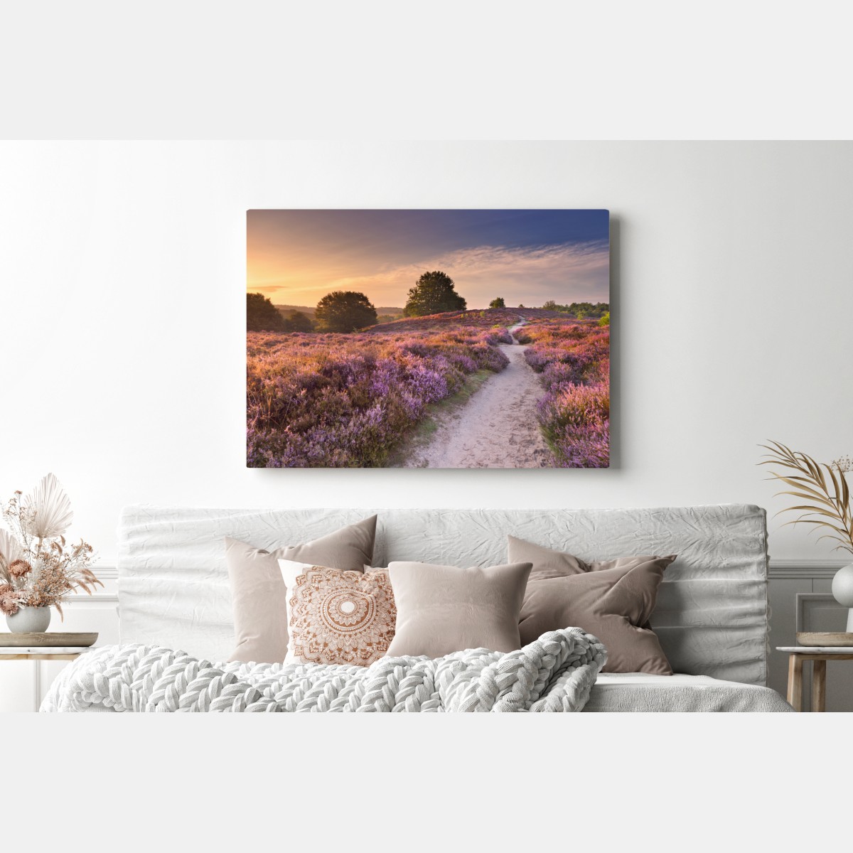 Leinwandbild Posbank bei sonnenaufgang über blühender heide – Wallnifity® Leinwandbild Posbank bei sonnenaufgang über blühender heide – Wallnifity®