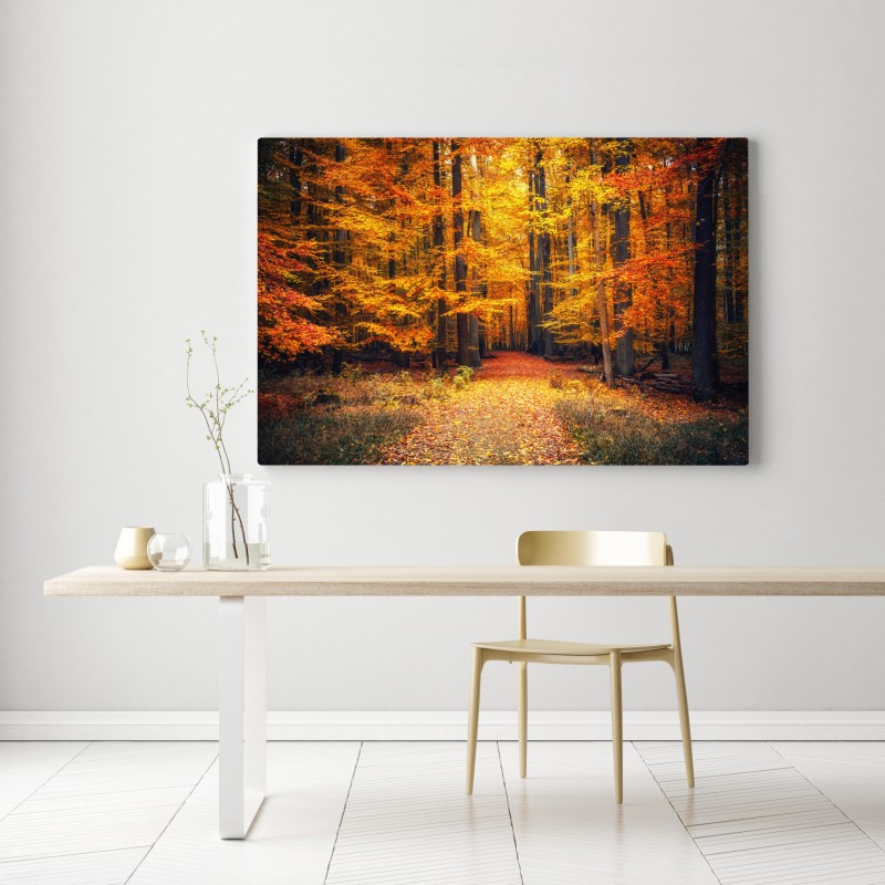 Leinwandbild herbstlicher waldpfad mit goldenen blättern – Wallnifity® Leinwandbild herbstlicher waldpfad mit goldenen blättern – Wallnifity®
