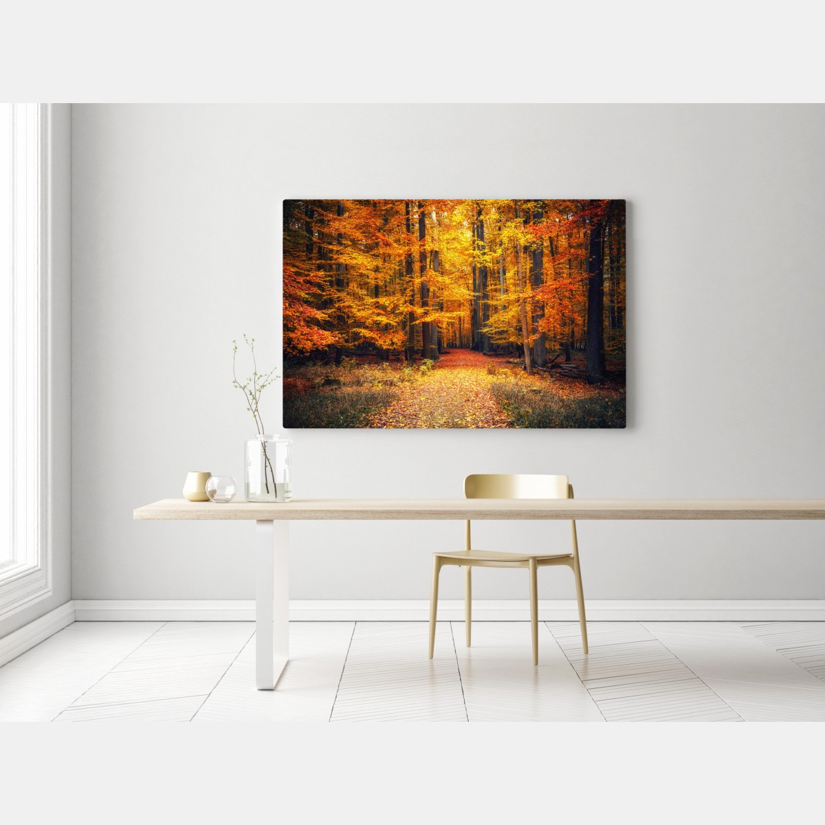 Leinwandbild herbstlicher waldpfad mit goldenen blättern – Wallnifity® Leinwandbild herbstlicher waldpfad mit goldenen blättern – Wallnifity®
