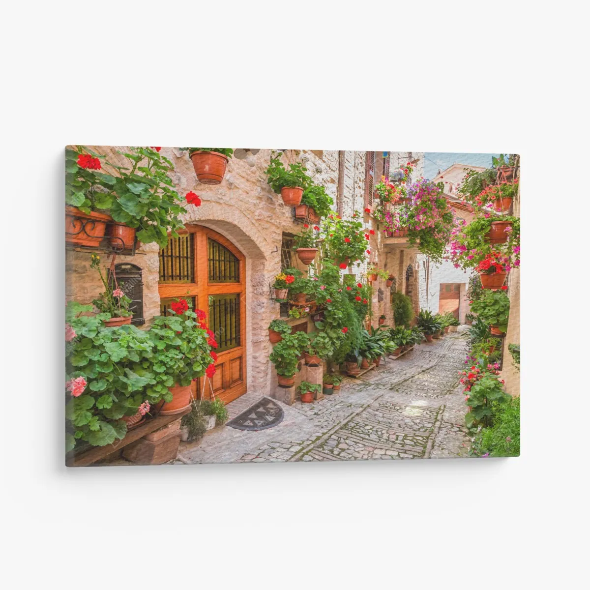 Leinwandbild sonnige gasse in Italien mit blühenden töpfen – Wallnifity® Leinwandbild sonnige gasse in Italien mit blühenden töpfen – Wallnifity®