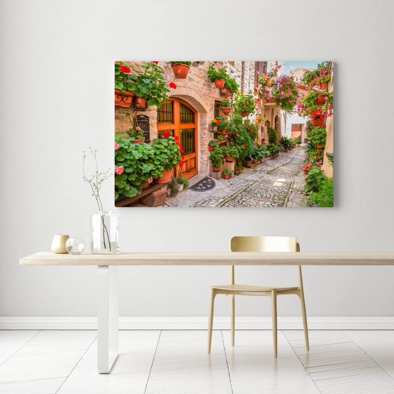 Leinwandbild sonnige gasse in Italien mit blühenden töpfen – Wallnifity® Leinwandbild sonnige gasse in Italien mit blühenden töpfen – Wallnifity®