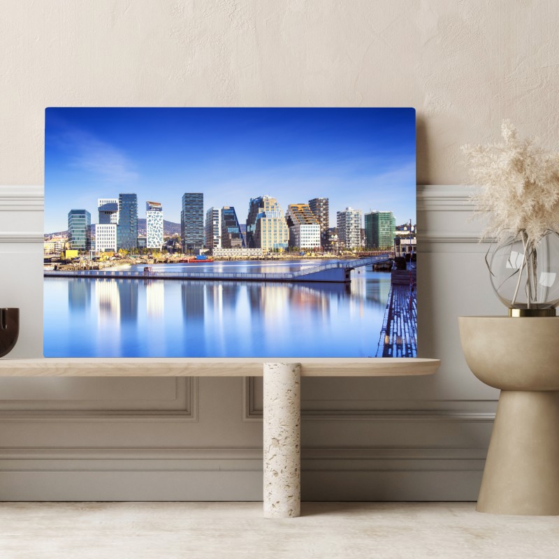 Leinwandbild moderne ufer skyline mit spiegelungen – Wallnifity® Leinwandbild moderne ufer skyline mit spiegelungen – Wallnifity®