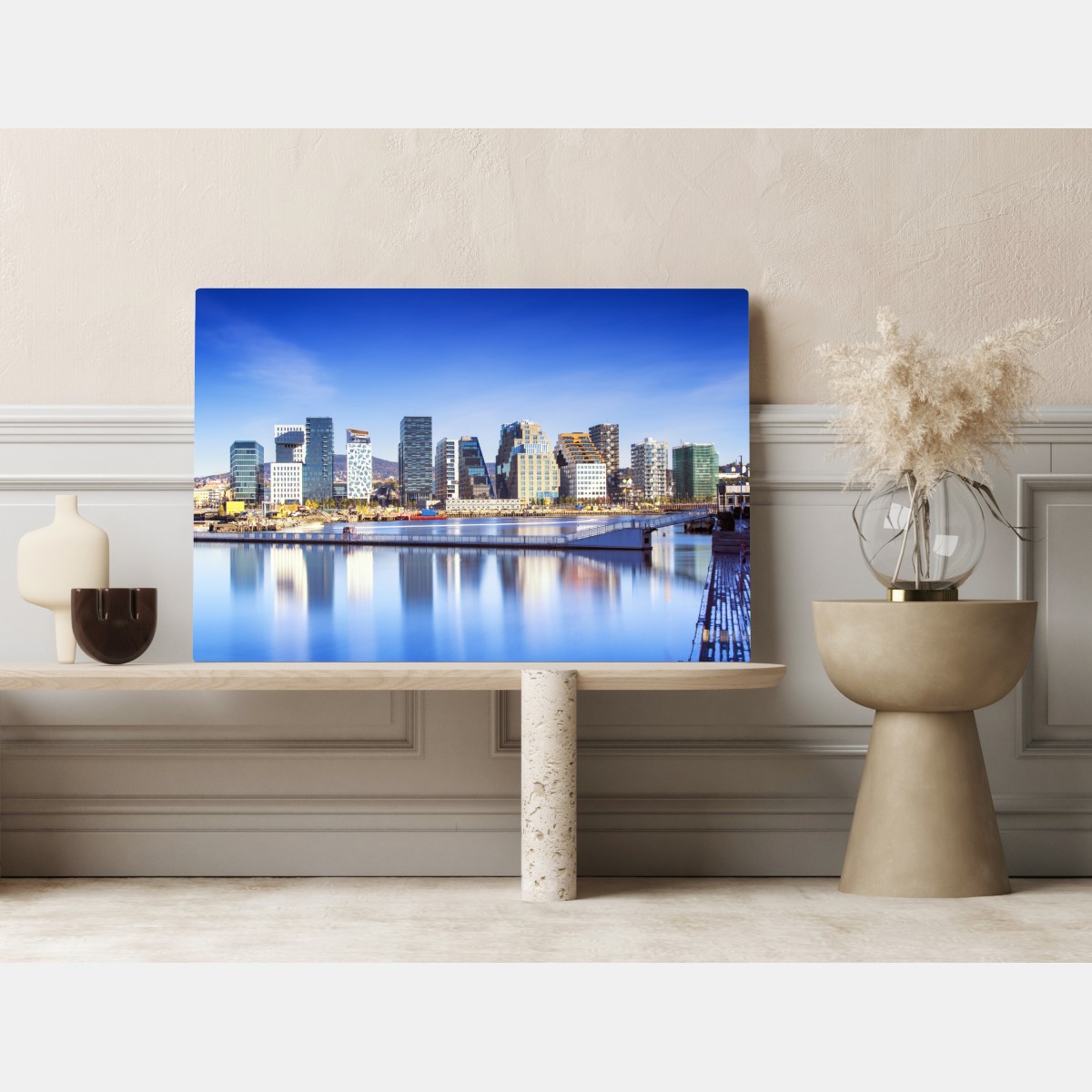 Leinwandbild moderne ufer skyline mit spiegelungen – Wallnifity® Leinwandbild moderne ufer skyline mit spiegelungen – Wallnifity®