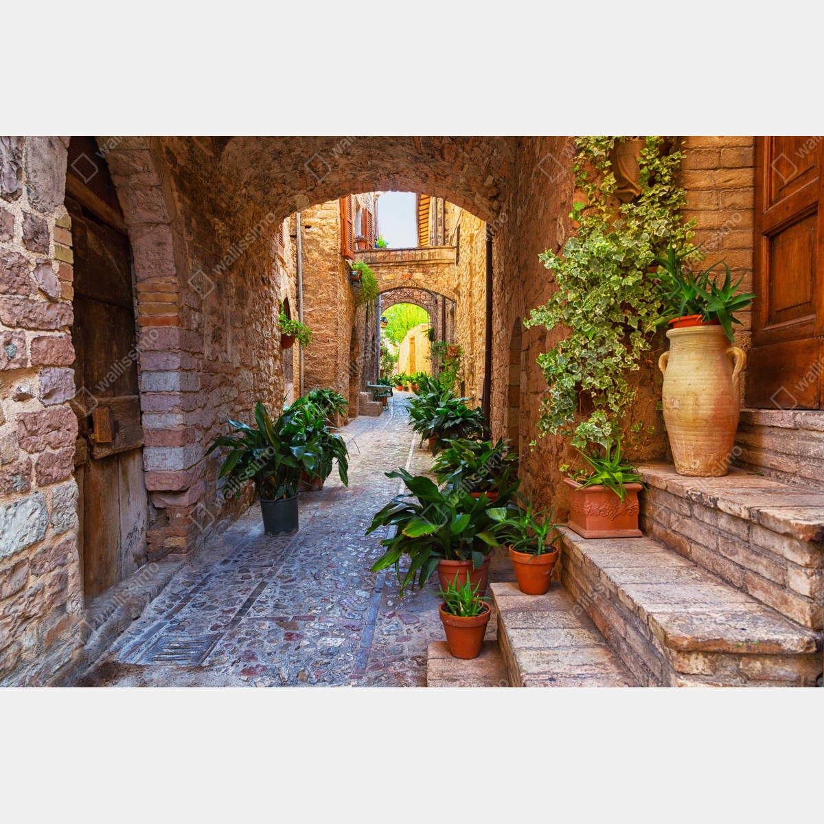 Leinwandbild sonnige gasse mit blumentöpfen in Spello – Wallnifity® Leinwandbild sonnige gasse mit blumentöpfen in Spello – Wallnifity®
