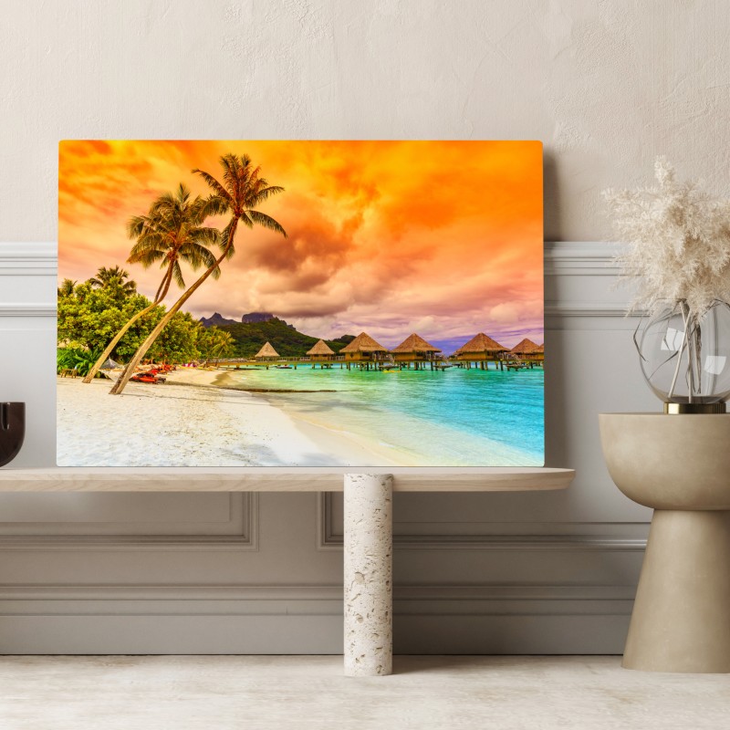 Leinwandbild sonnenuntergang in Bora Bora über wasserbungalows – Wallnifity® Leinwandbild sonnenuntergang in Bora Bora über wasserbungalows – Wallnifity®