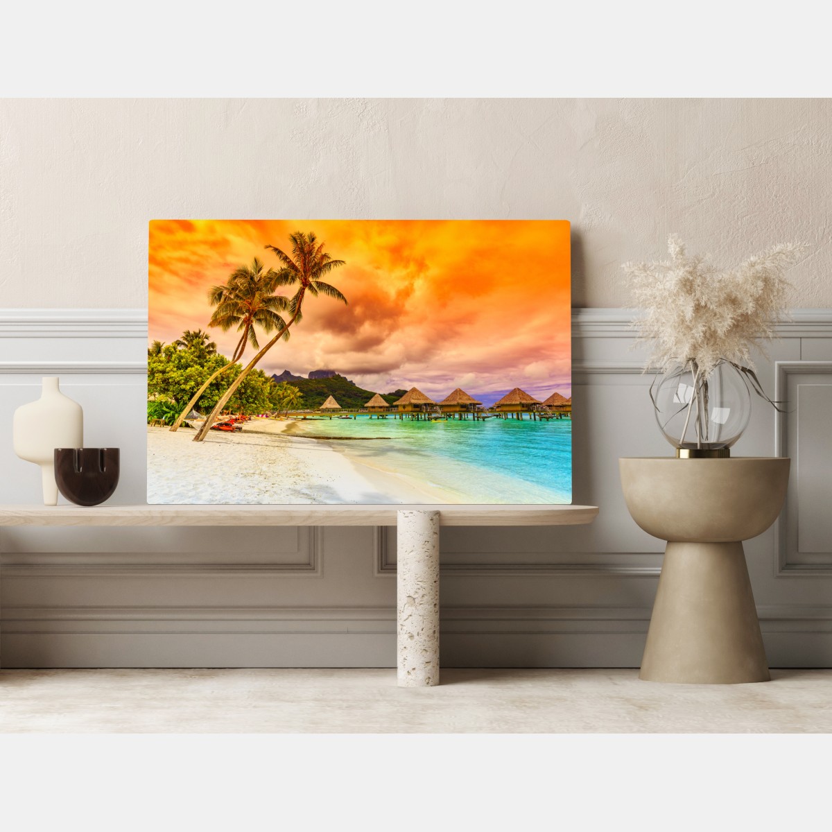 Leinwandbild sonnenuntergang in Bora Bora über wasserbungalows – Wallnifity® Leinwandbild sonnenuntergang in Bora Bora über wasserbungalows – Wallnifity®