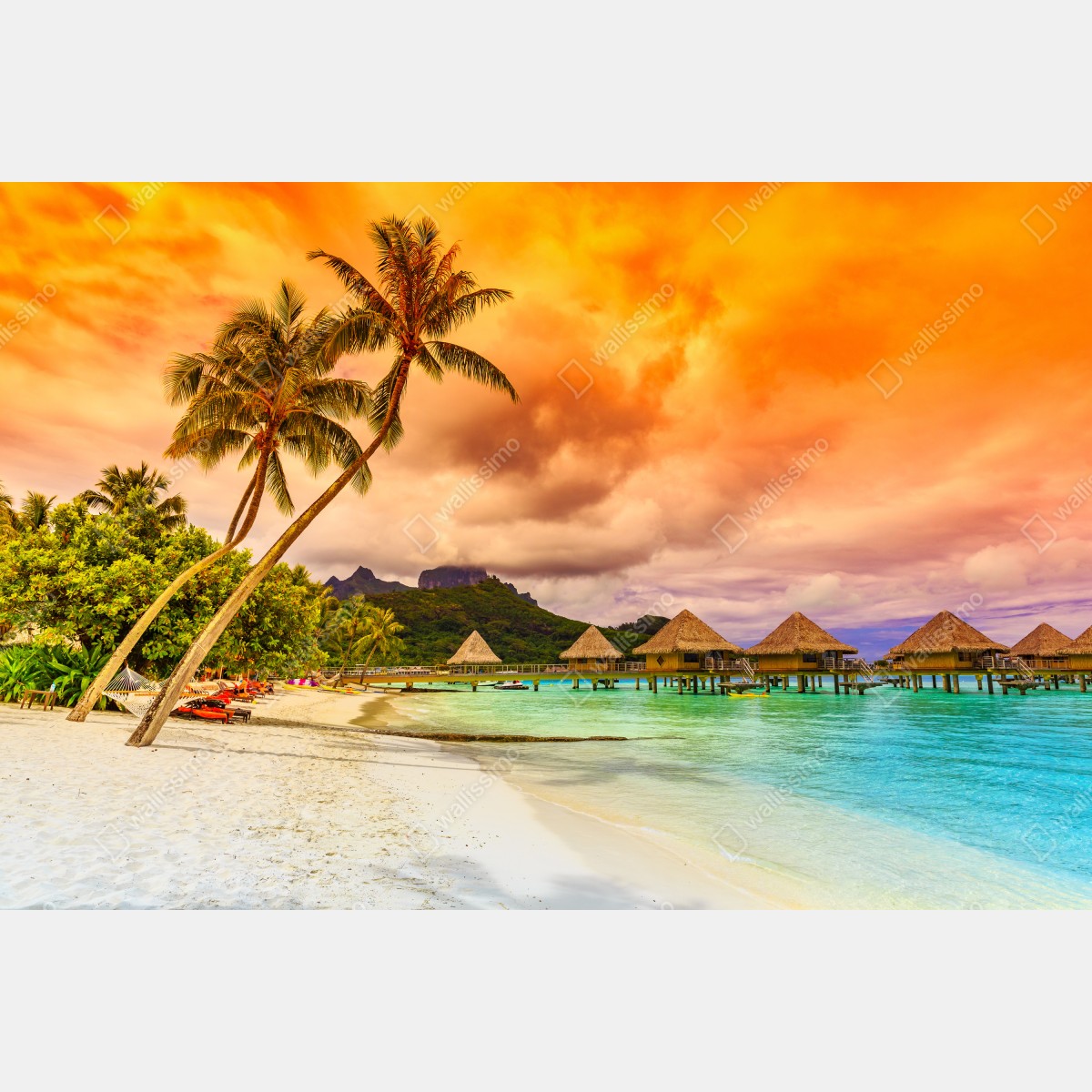 Leinwandbild sonnenuntergang in Bora Bora über wasserbungalows – Wallnifity® Leinwandbild sonnenuntergang in Bora Bora über wasserbungalows – Wallnifity®