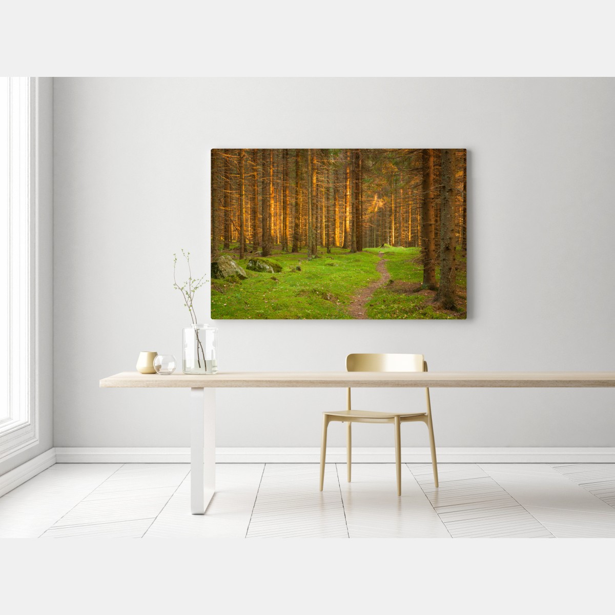 Leinwandbild goldenes licht im moosbedeckten kiefernwald – Wallnifity® Leinwandbild goldenes licht im moosbedeckten kiefernwald – Wallnifity®