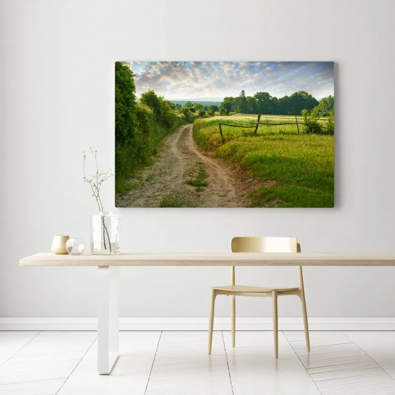 Leinwandbild sonniger landweg durch grüne wiesen – Wallnifity® Leinwandbild sonniger landweg durch grüne wiesen – Wallnifity®