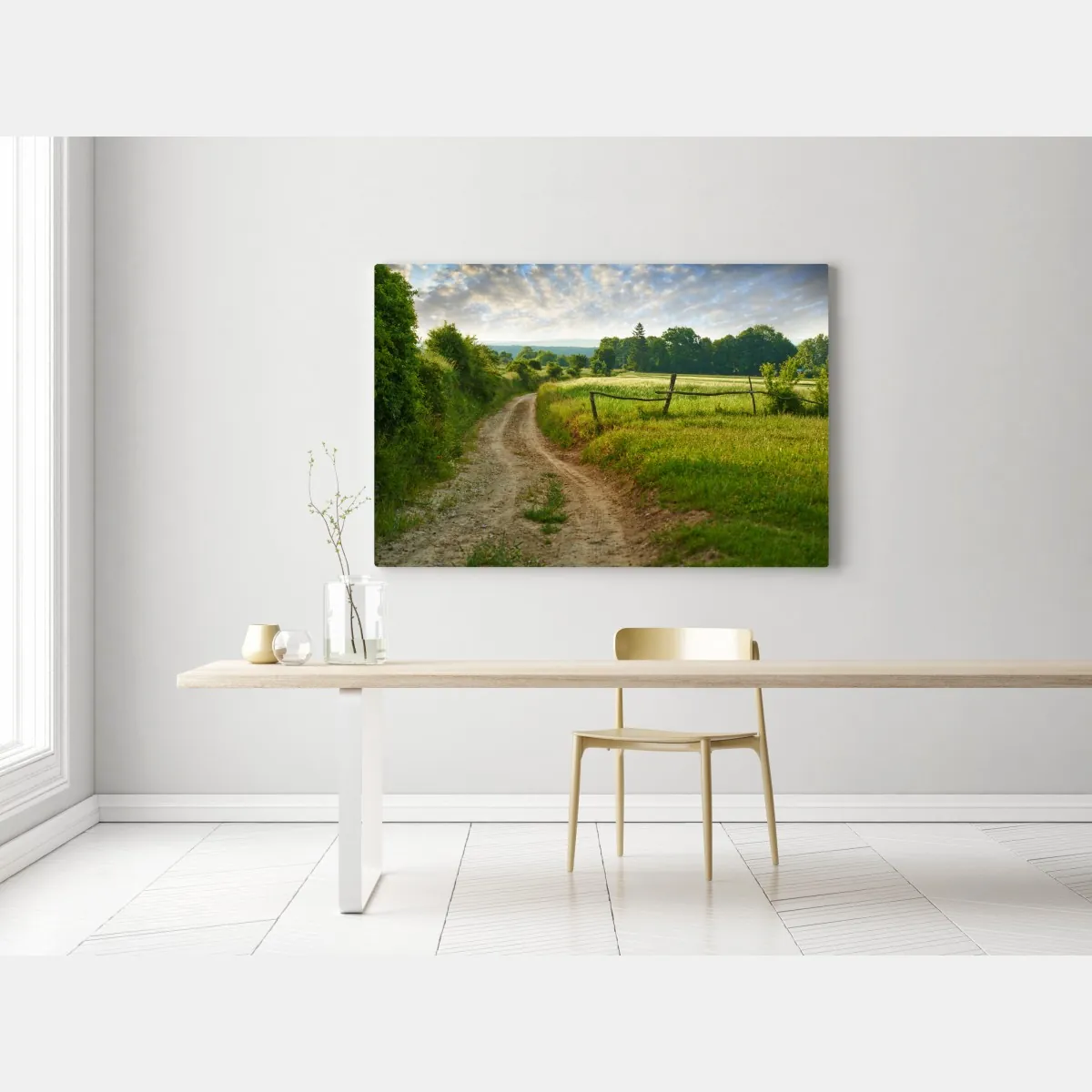 Leinwandbild sonniger landweg durch grüne wiesen – Wallnifity® Leinwandbild sonniger landweg durch grüne wiesen – Wallnifity®