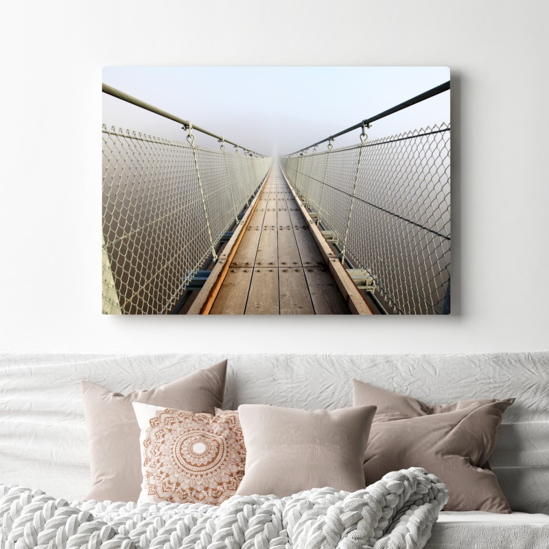 Leinwandbild neblige hängebrücke die in den nebel führt – Wallnifity® Leinwandbild neblige hängebrücke die in den nebel führt – Wallnifity®