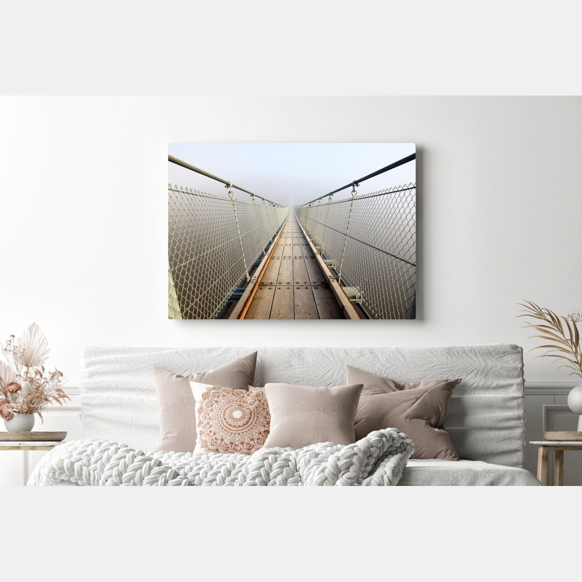 Leinwandbild neblige hängebrücke die in den nebel führt – Wallnifity® Leinwandbild neblige hängebrücke die in den nebel führt – Wallnifity®