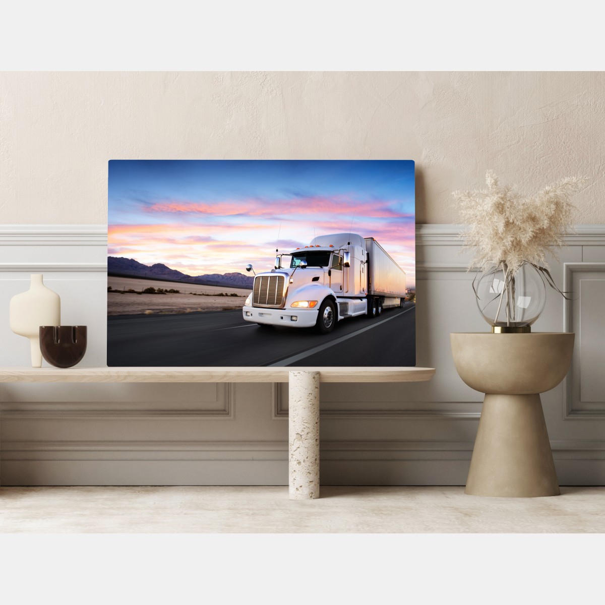 Leinwandbild lastwagen bei sonnenuntergang auf der autobahn – Wallnifity®