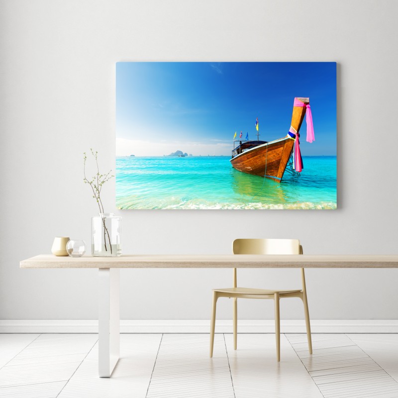 Leinwandbild langheckboot am türkisfarbenen strand, Andamanensee – Wallnifity® Leinwandbild langheckboot am türkisfarbenen strand, Andamanensee – Wallnifity®