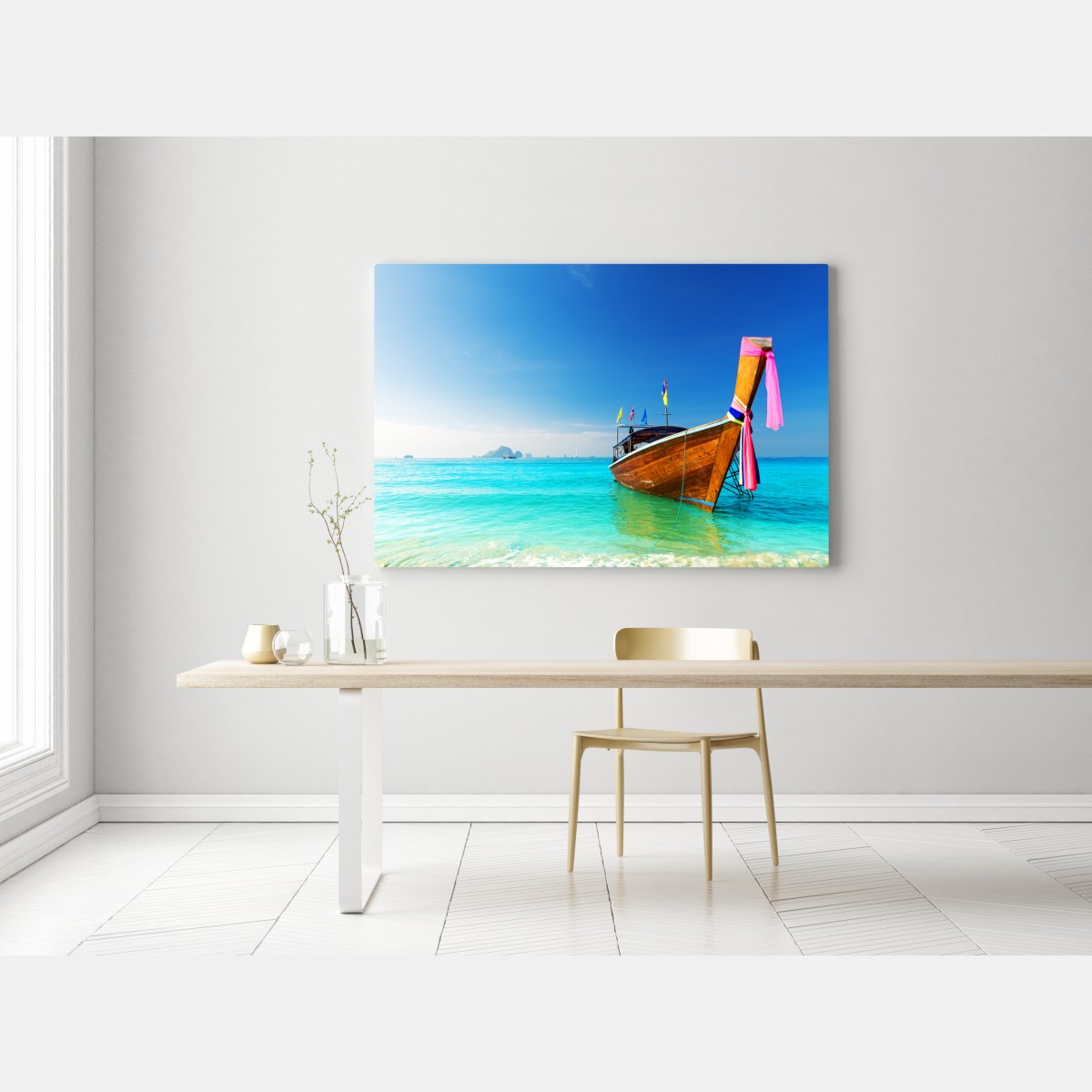 Leinwandbild langheckboot am türkisfarbenen strand, Andamanensee – Wallnifity® Leinwandbild langheckboot am türkisfarbenen strand, Andamanensee – Wallnifity®