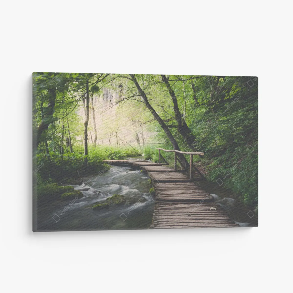 Leinwandbild ruhiger hölzerner steg durch grünen wald – Wallnifity® Leinwandbild ruhiger hölzerner steg durch grünen wald – Wallnifity®
