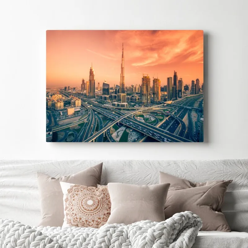 Leinwandbild Dubai skyline bei sonnenuntergang – Wallnifity® Leinwandbild Dubai skyline bei sonnenuntergang – Wallnifity®