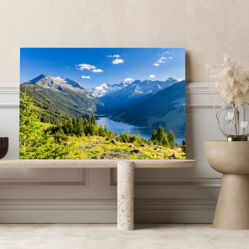 Leinwandbild ruhiges tal mit alpensee – Wallnifity® Leinwandbild ruhiges tal mit alpensee – Wallnifity®