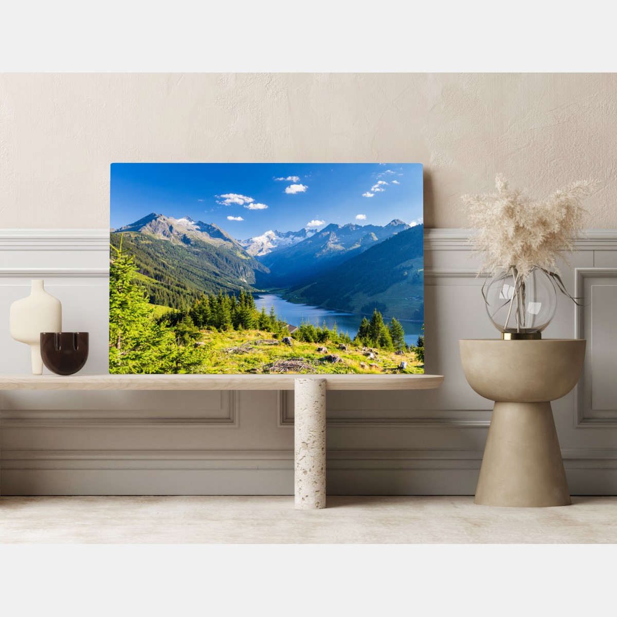 Leinwandbild ruhiges tal mit alpensee – Wallnifity® Leinwandbild ruhiges tal mit alpensee – Wallnifity®