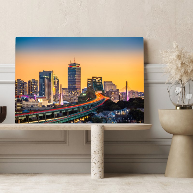 Leinwandbild panorama von Boston bei sonnenuntergang mit Zakim und Tobin brücken – Wallnifity® Leinwandbild panorama von Boston bei sonnenuntergang mit Zakim und Tobin brücken – Wallnifity®