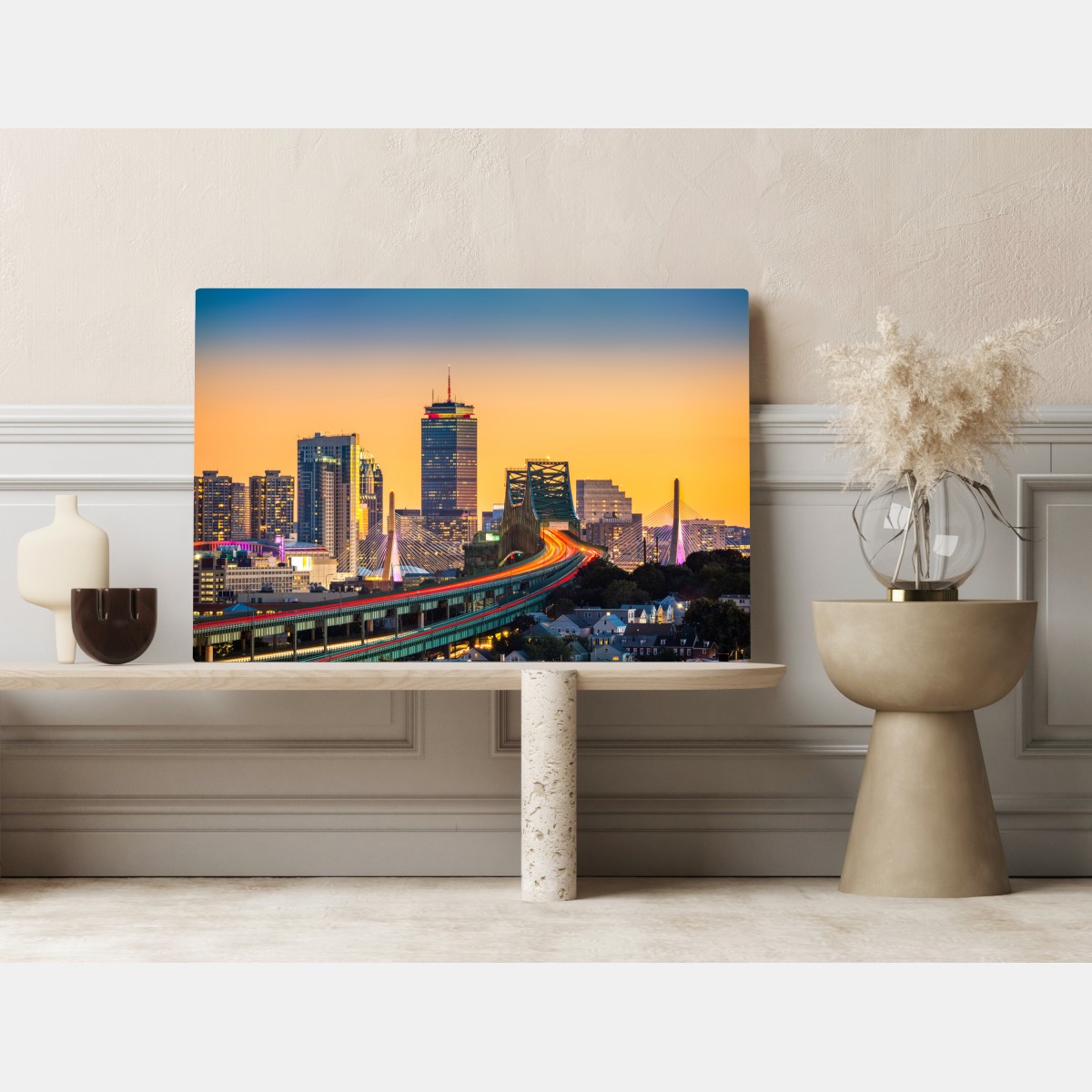 Leinwandbild panorama von Boston bei sonnenuntergang mit Zakim und Tobin brücken – Wallnifity® Leinwandbild panorama von Boston bei sonnenuntergang mit Zakim und Tobin brücken – Wallnifity®