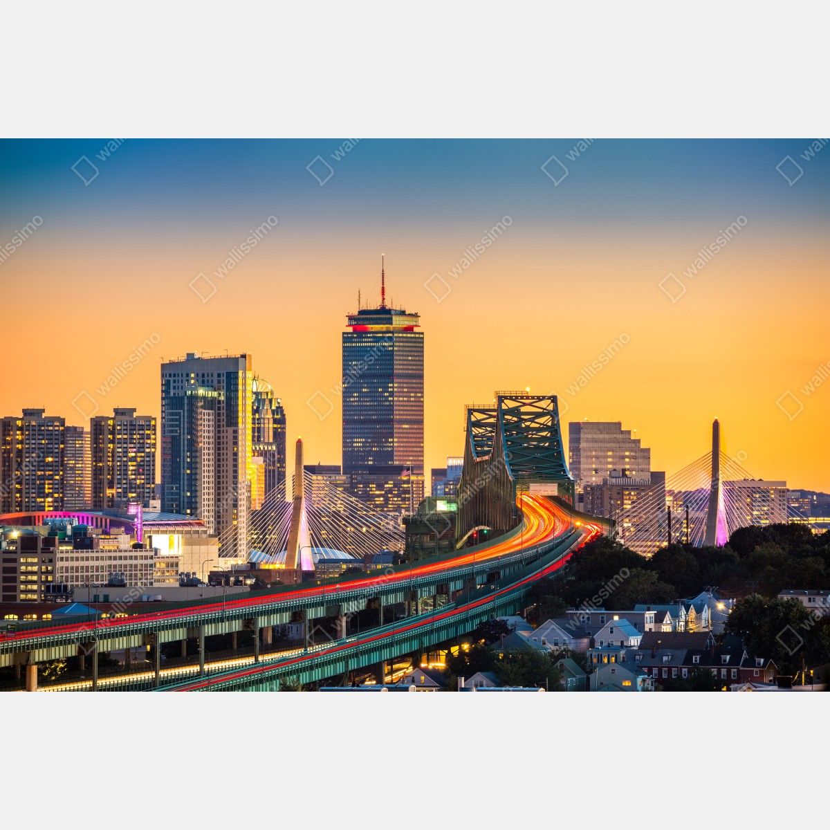Leinwandbild panorama von Boston bei sonnenuntergang mit Zakim und Tobin brücken – Wallnifity® Leinwandbild panorama von Boston bei sonnenuntergang mit Zakim und Tobin brücken – Wallnifity®