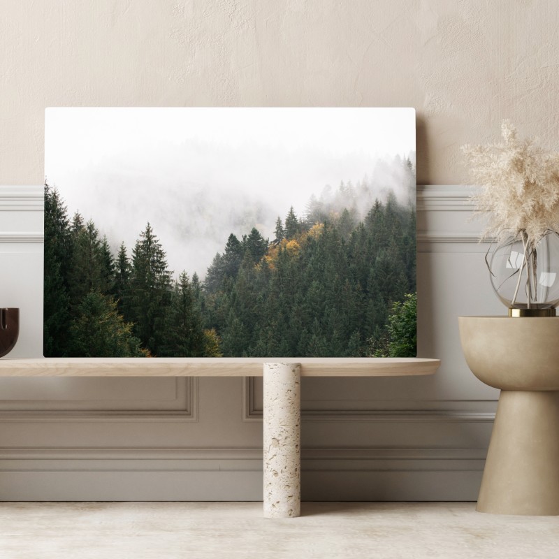 Leinwandbild nebliger bergwald im dunst – Wallnifity® Leinwandbild nebliger bergwald im dunst – Wallnifity®