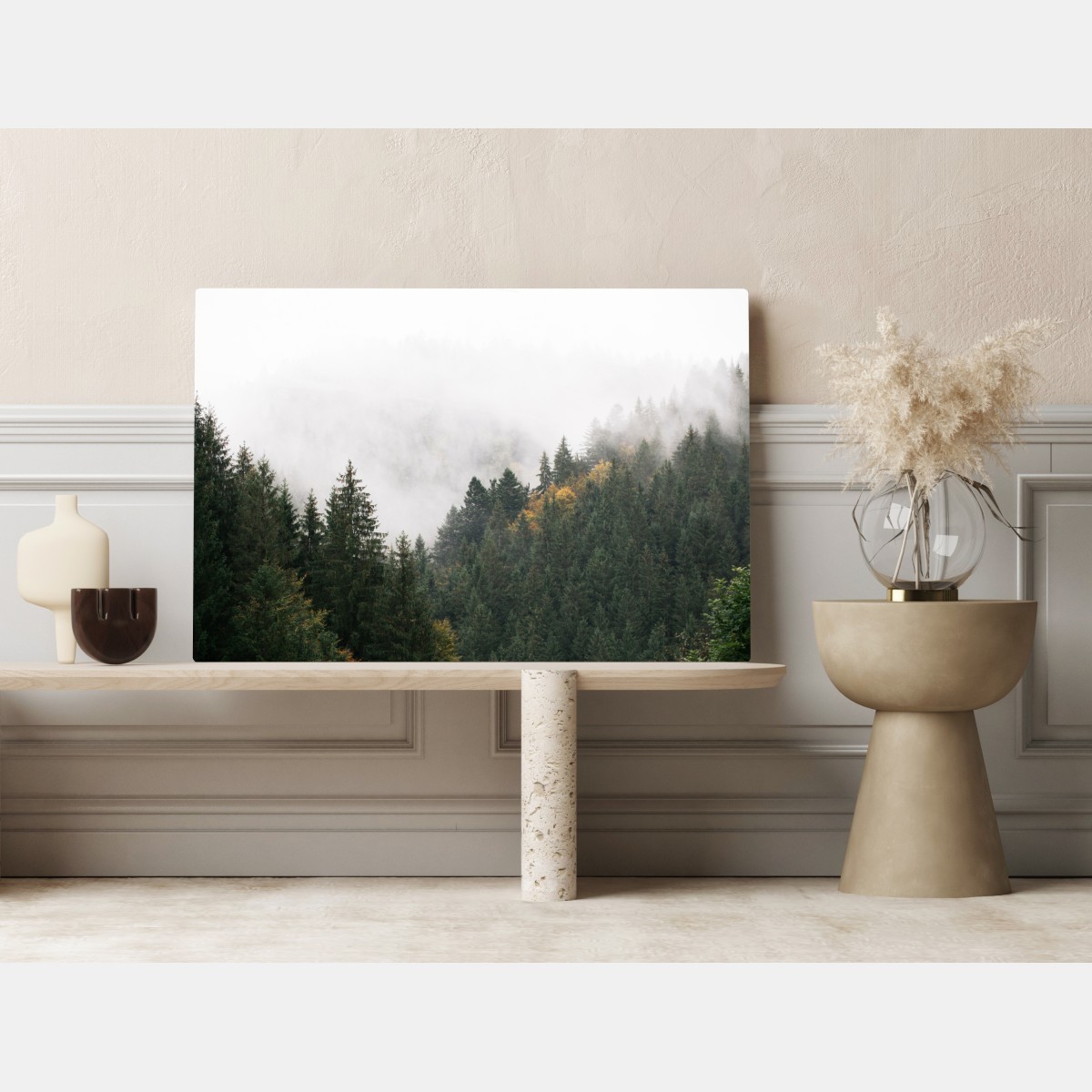 Leinwandbild nebliger bergwald im dunst – Wallnifity® Leinwandbild nebliger bergwald im dunst – Wallnifity®