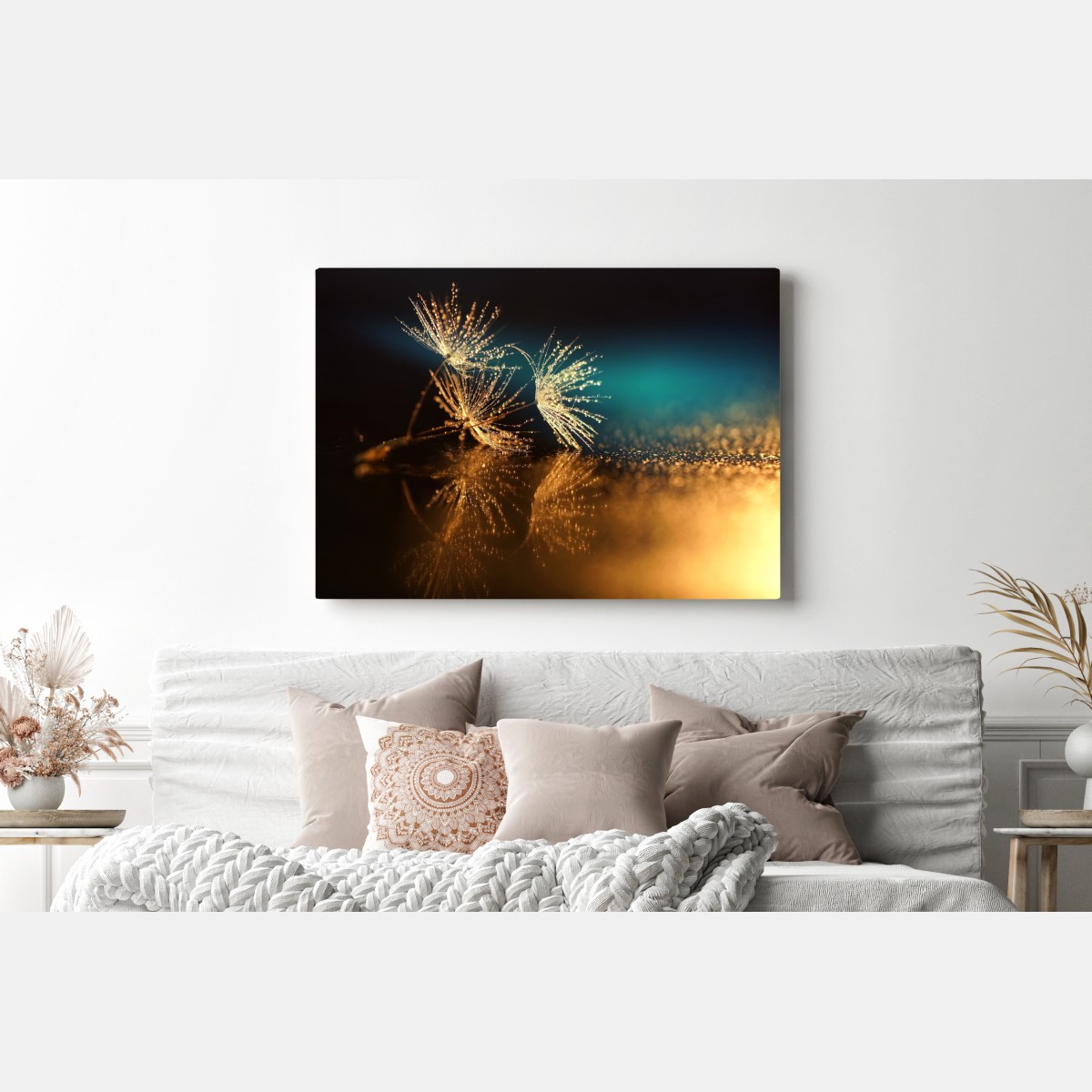 Leinwandbild goldene reflexion von löwenzahnsamen – Wallnifity®