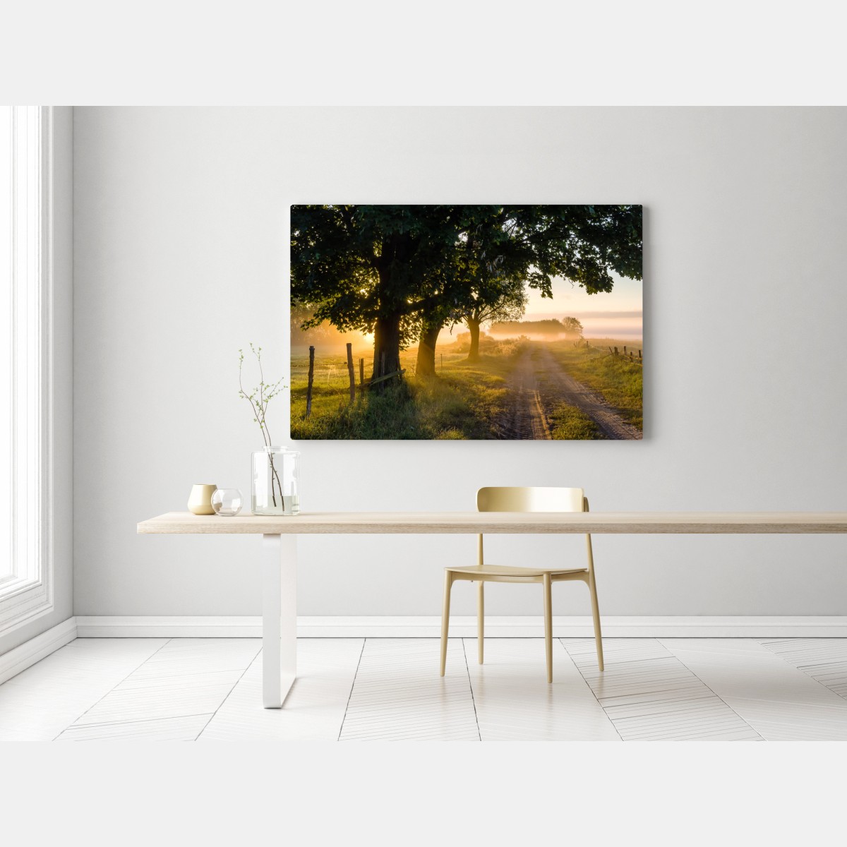 Leinwandbild sonnenbeschienener landweg im morgendunst – Wallnifity® Leinwandbild sonnenbeschienener landweg im morgendunst – Wallnifity®