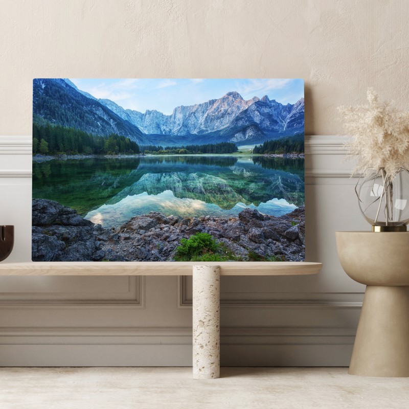Leinwandbild früher morgen am See Fusine, Julische Alpen – Wallnifity® Leinwandbild früher morgen am See Fusine, Julische Alpen – Wallnifity®