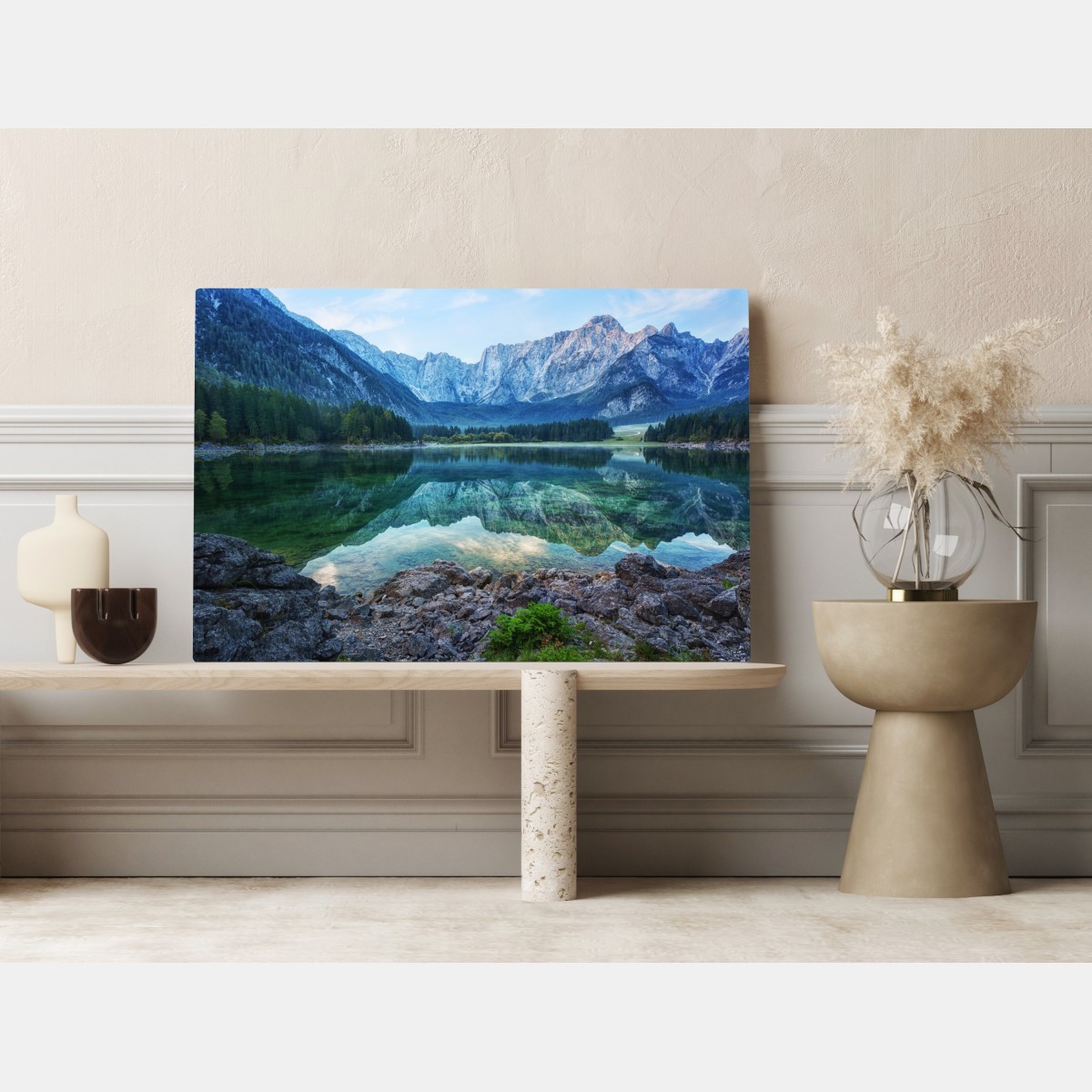 Leinwandbild früher morgen am See Fusine, Julische Alpen – Wallnifity® Leinwandbild früher morgen am See Fusine, Julische Alpen – Wallnifity®