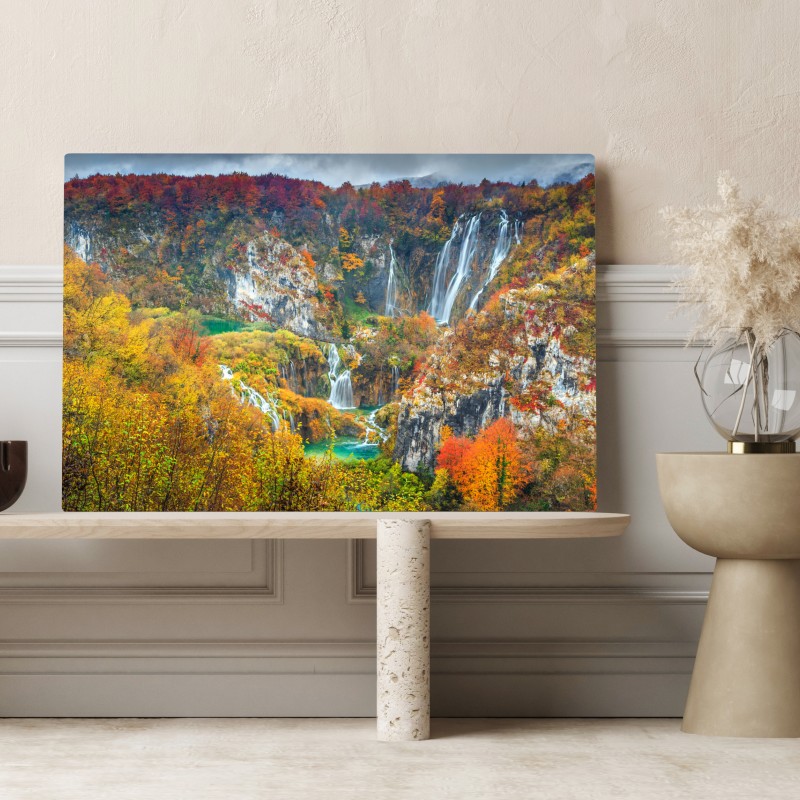 Leinwandbild herbstliche wasserfälle in einem farbenfrohen wald – Wallnifity® Leinwandbild herbstliche wasserfälle in einem farbenfrohen wald – Wallnifity®