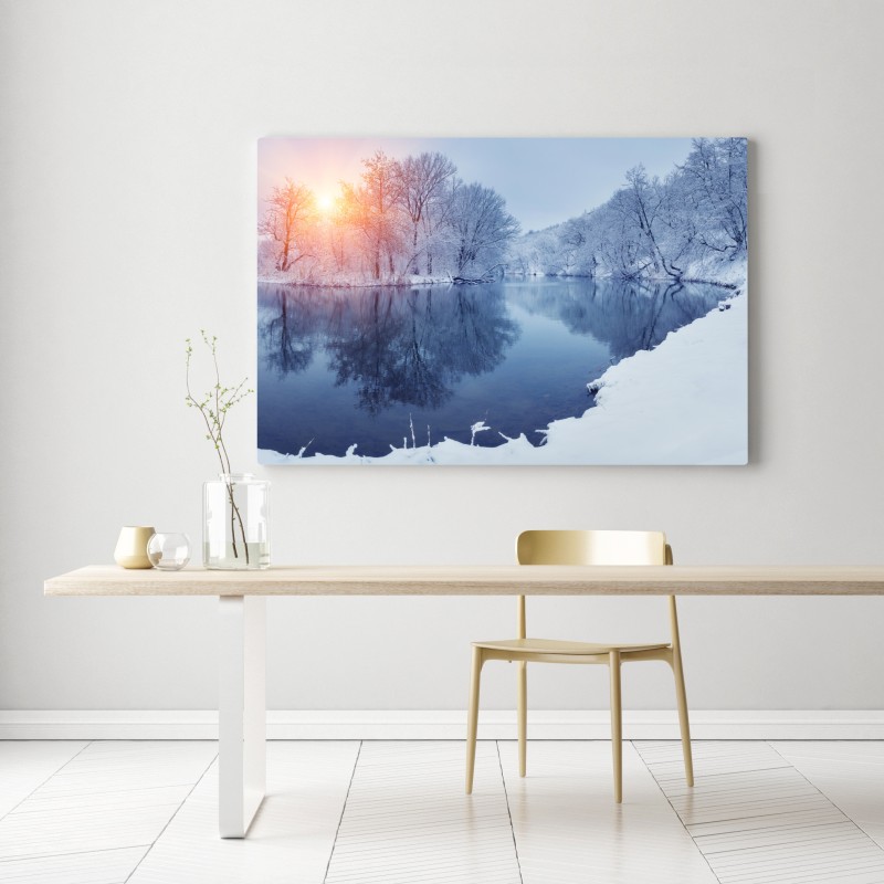 Leinwandbild winterliche flusslandschaft bei sonnenuntergang – Wallnifity® Leinwandbild winterliche flusslandschaft bei sonnenuntergang – Wallnifity®