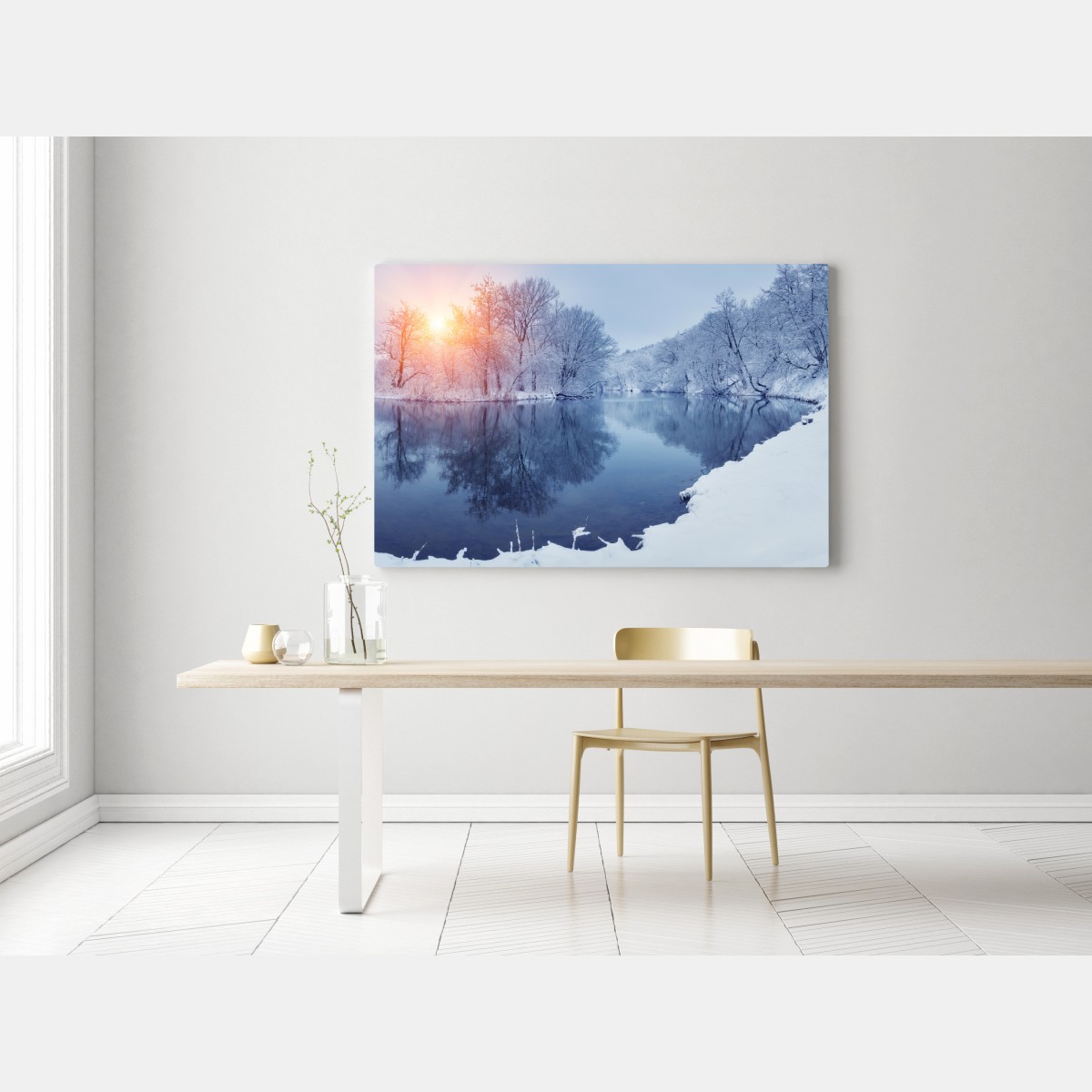 Leinwandbild winterliche flusslandschaft bei sonnenuntergang – Wallnifity® Leinwandbild winterliche flusslandschaft bei sonnenuntergang – Wallnifity®