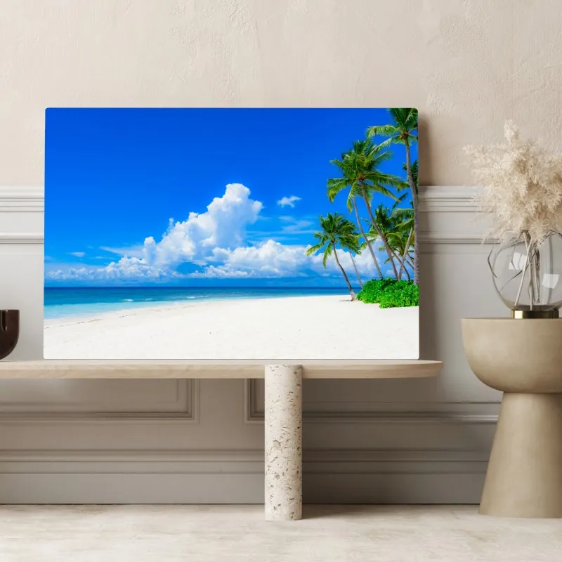 Leinwandbild tropischer palmenstrand unter blauem himmel – Wallnifity® Leinwandbild tropischer palmenstrand unter blauem himmel – Wallnifity®
