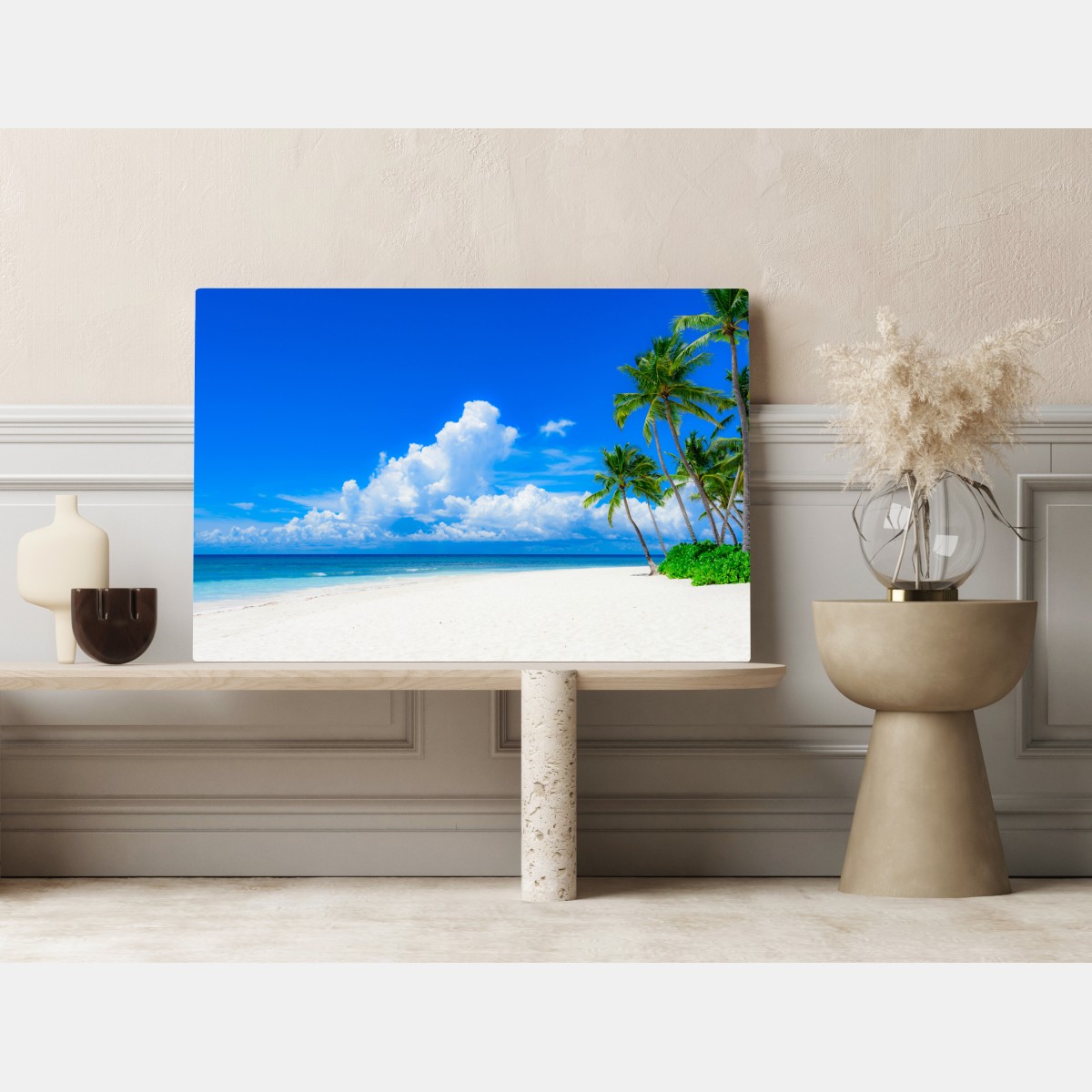 Leinwandbild tropischer palmenstrand unter blauem himmel – Wallnifity® Leinwandbild tropischer palmenstrand unter blauem himmel – Wallnifity®