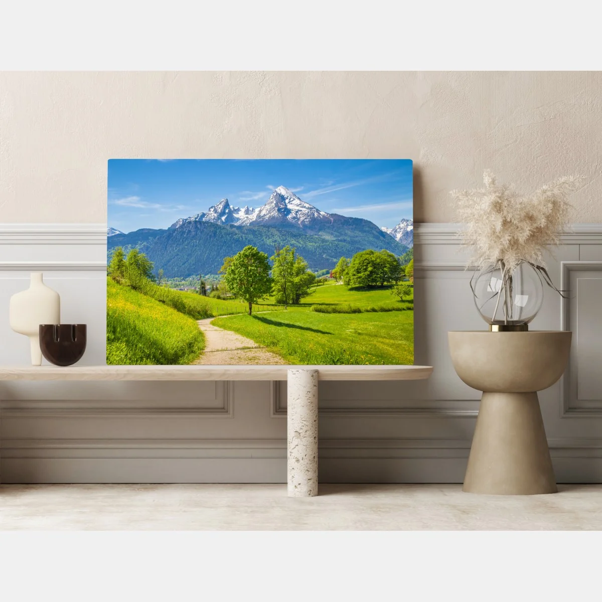 Leinwandbild ruhige alpenwiese mit berggipfeln – Wallnifity® Leinwandbild ruhige alpenwiese mit berggipfeln – Wallnifity®