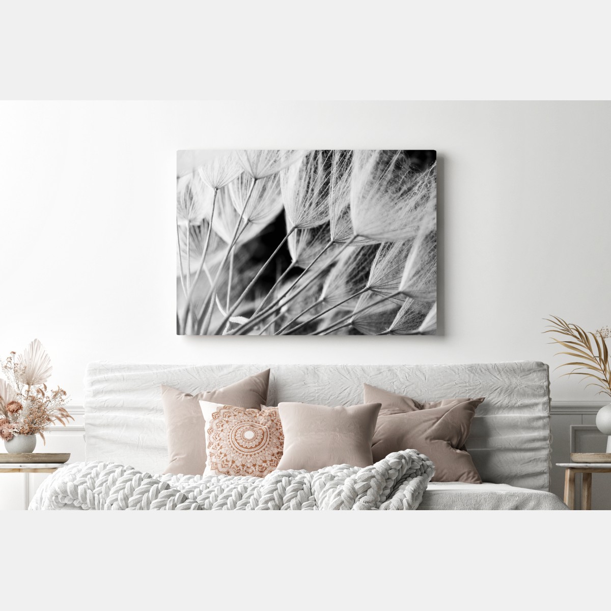 Leinwandbild zarte nahaufnahme von löwenzahnsamen in monochrom – Wallnifity®