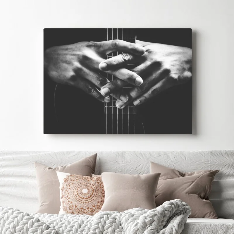Leinwandbild verschränkte hände auf gitarrensaiten – Wallnifity® Leinwandbild verschränkte hände auf gitarrensaiten – Wallnifity®