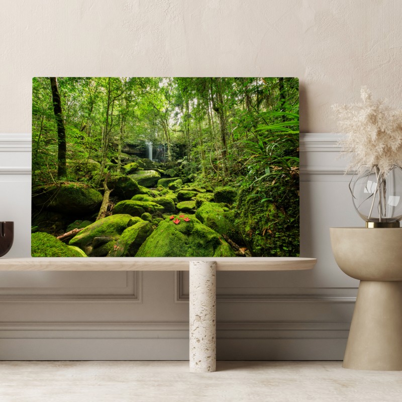 Leinwandbild üppiger moosbewachsener wasserfall im tropischen wald – Wallnifity® Leinwandbild üppiger moosbewachsener wasserfall im tropischen wald – Wallnifity®