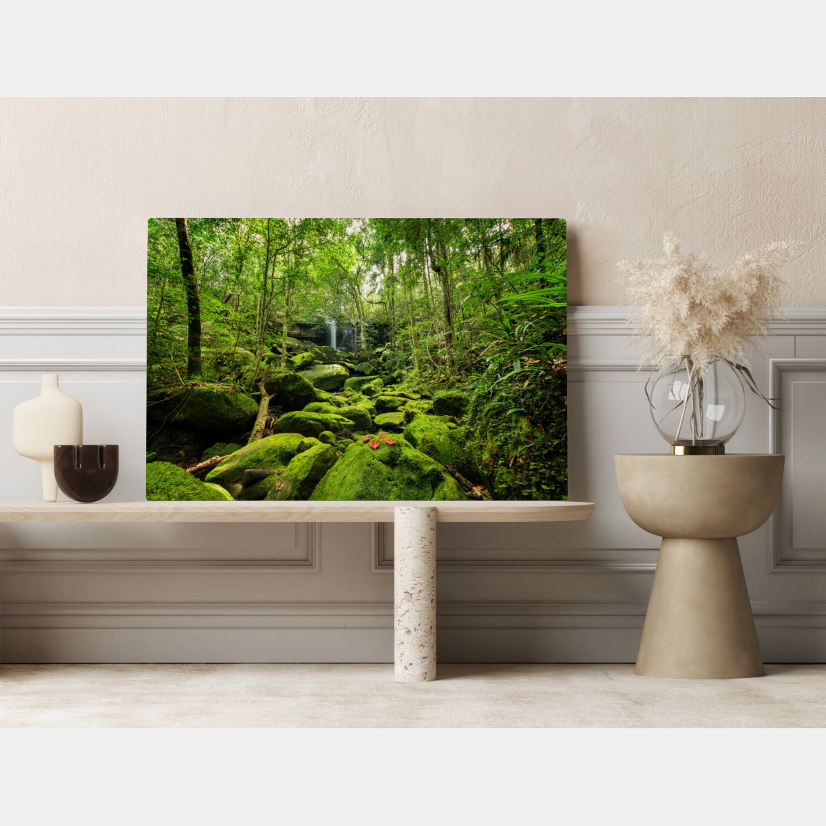 Leinwandbild üppiger moosbewachsener wasserfall im tropischen wald – Wallnifity® Leinwandbild üppiger moosbewachsener wasserfall im tropischen wald – Wallnifity®