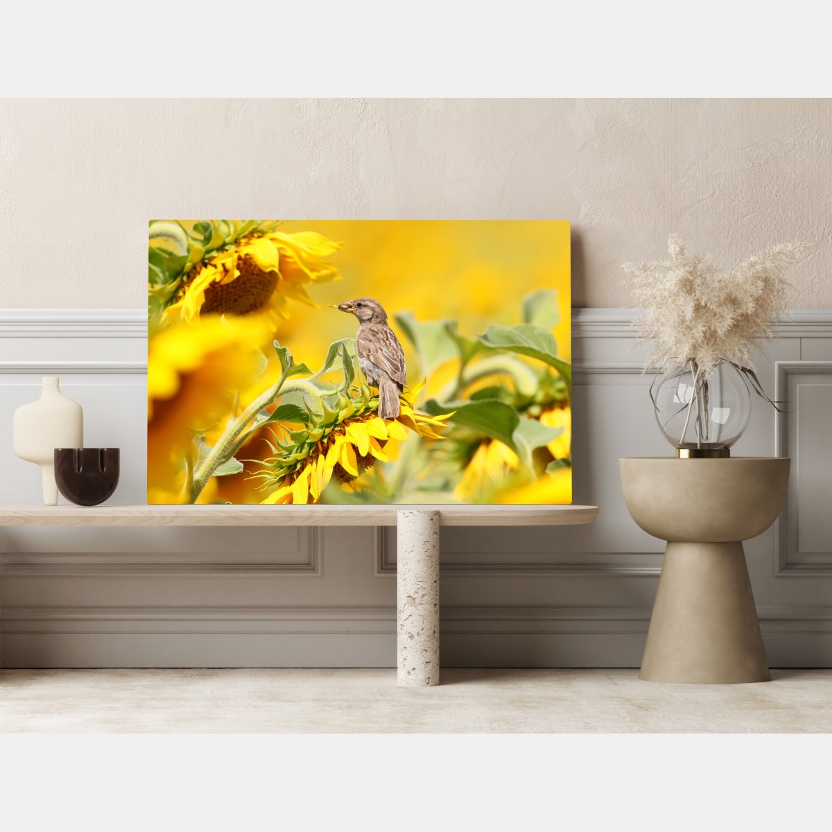 Leinwandbild spatz auf einer sonnenblume – Wallnifity® Leinwandbild spatz auf einer sonnenblume – Wallnifity®