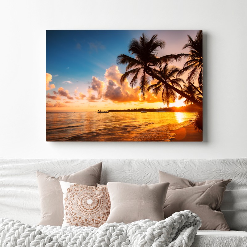 Leinwandbild tropischer sonnenuntergang mit palmensilhouetten, Dominikanische Republik – Wallnifity® Leinwandbild tropischer sonnenuntergang mit palmensilhouetten, Dominikanische Republik – Wallnifity®