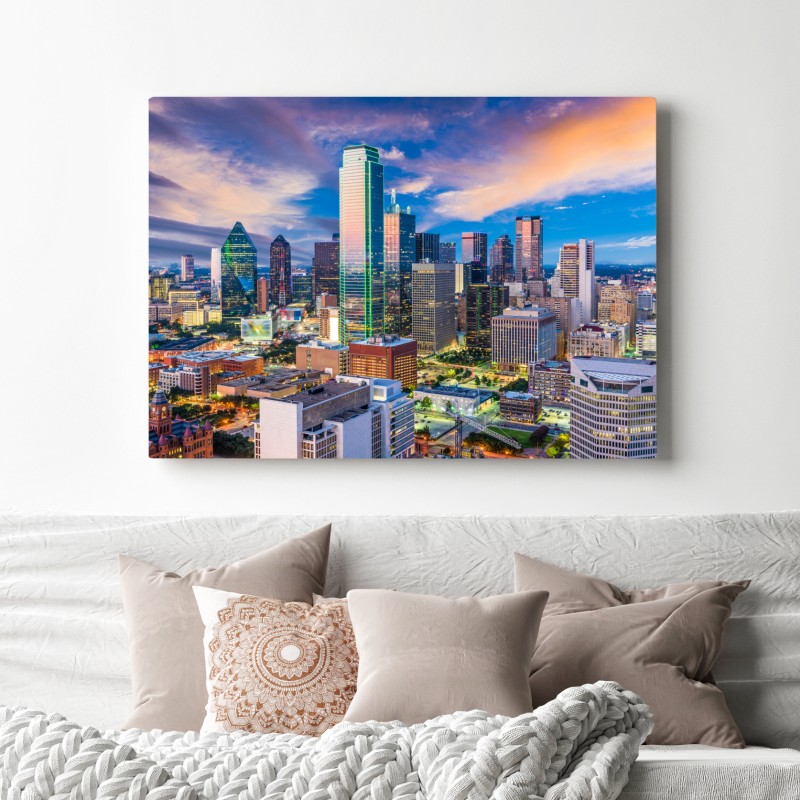 Leinwandbild Dallas skyline bei sonnenuntergang – Wallnifity® Leinwandbild Dallas skyline bei sonnenuntergang – Wallnifity®