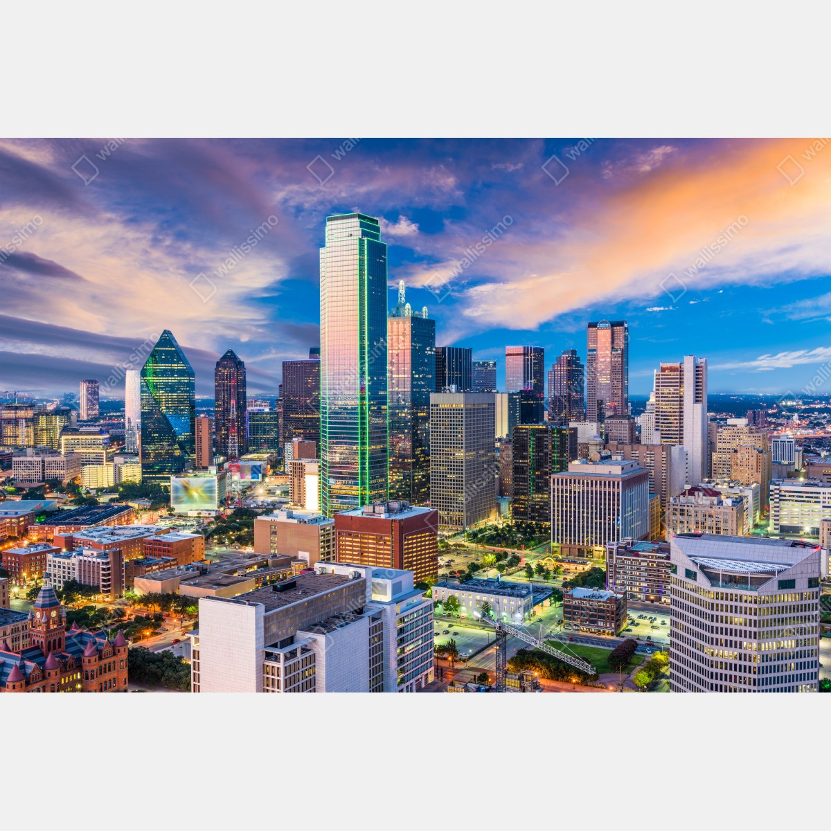 Leinwandbild Dallas skyline bei sonnenuntergang – Wallnifity® Leinwandbild Dallas skyline bei sonnenuntergang – Wallnifity®