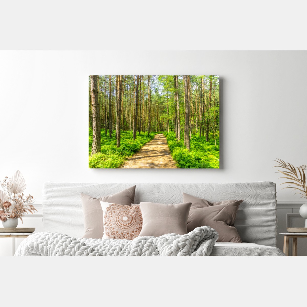 Leinwandbild sonniger waldweg zwischen kiefern – Wallnifity® Leinwandbild sonniger waldweg zwischen kiefern – Wallnifity®