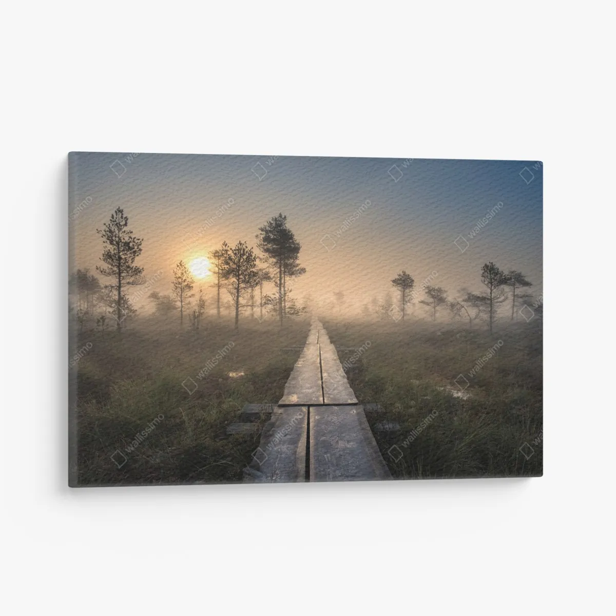 Leinwandbild nebliger sonnenaufgang über dem holzsteg – Wallnifity® Leinwandbild nebliger sonnenaufgang über dem holzsteg – Wallnifity®