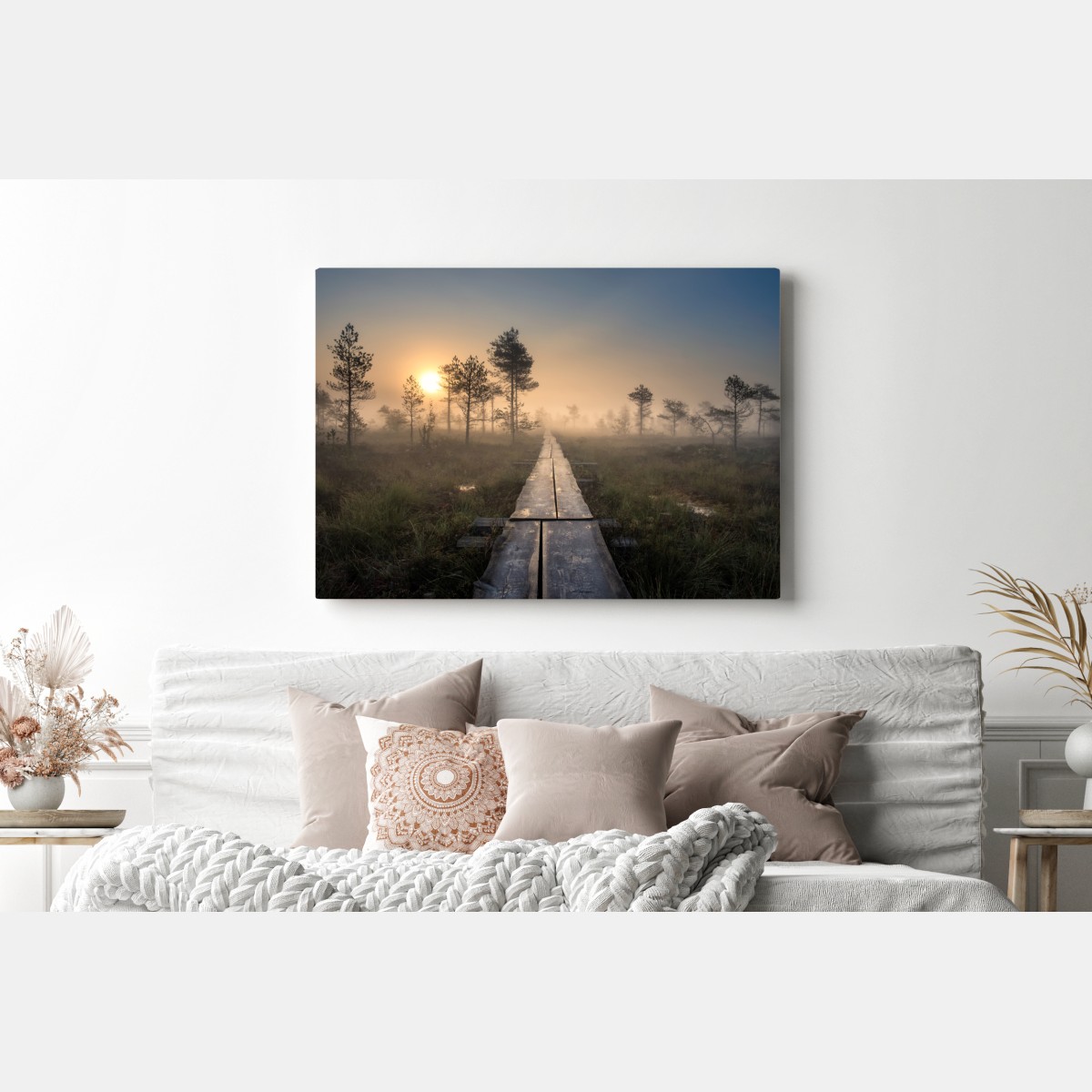 Leinwandbild nebliger sonnenaufgang über dem holzsteg – Wallnifity® Leinwandbild nebliger sonnenaufgang über dem holzsteg – Wallnifity®