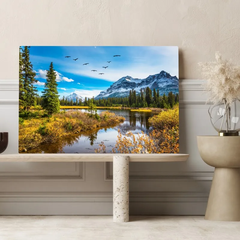 Leinwandbild herbstlicher bergsee mit vögeln – Wallnifity® Leinwandbild herbstlicher bergsee mit vögeln – Wallnifity®